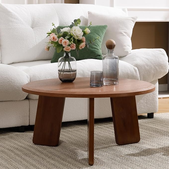Janoray Modern Wood Coffee Table Small Desk Farmhouse Round Coffee Table Floor Table Couch Table Easy Assembly for Living Room/Office/Reception/Sofa Couch End, Walnut