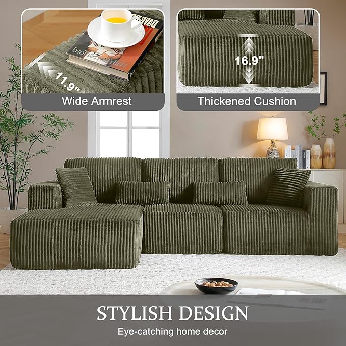 Modular Sectional Sofa Cloud Sectional Couch, 107" Comfy Fluffy L Shaped Olive Green Couches for Living Room, Deep Seat Memory Foam Plush Corduroy Boneless Couch Sectionals Left Facing Chaise Sofa