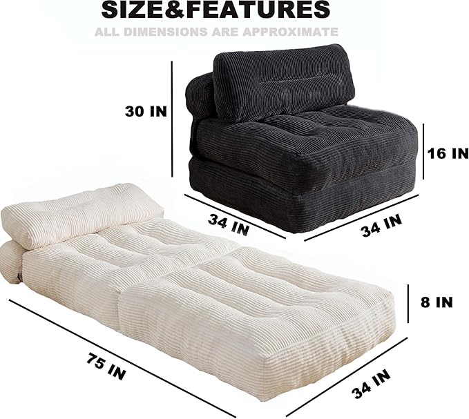 Kisoy Folding Sofa Bed, Convertible Sleeper Chair Couch Bed Faux Rabbit Fur for Adults, with Back Support Floor Couch Comfy Floor Sofa for Living Room Bedroom, Ivory, Single