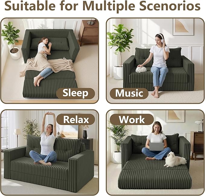 HABUTWAY Folding Sofa Bed, 2 in 1 Convertible Sleeper Chair with Pillow, Portable Fold Out Chair Bed with Armrest, Comfy Floor Couch, Lazy Sofa for Living Room Bedroom Dorm Home Office, Green