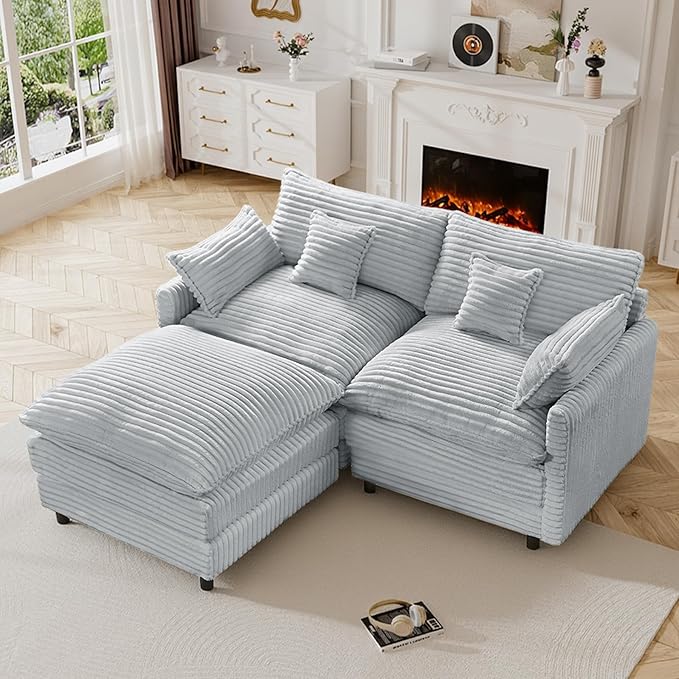 HYJT-H&K 74" L Shaped Cloud Couch Modular Small Sectional Couches for Living Room Small Spaces, Comfy Fluffy Corduroy Cloud Loveseat with Ottoman 3 Seat Sectionals Sofa, Grey