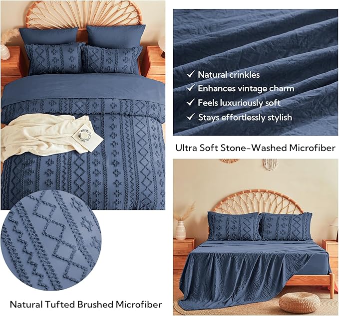 MR&HM King Size Comforter Set Navy Blue, 7 Pieces Tufted Boho Beddding Sets, Farmhouse Style Bed in a Bag with 1 Comforter, 2 Pillow Shams, 2 Pillowcases, 1 Flat Sheet, 1 Fitted Sheet