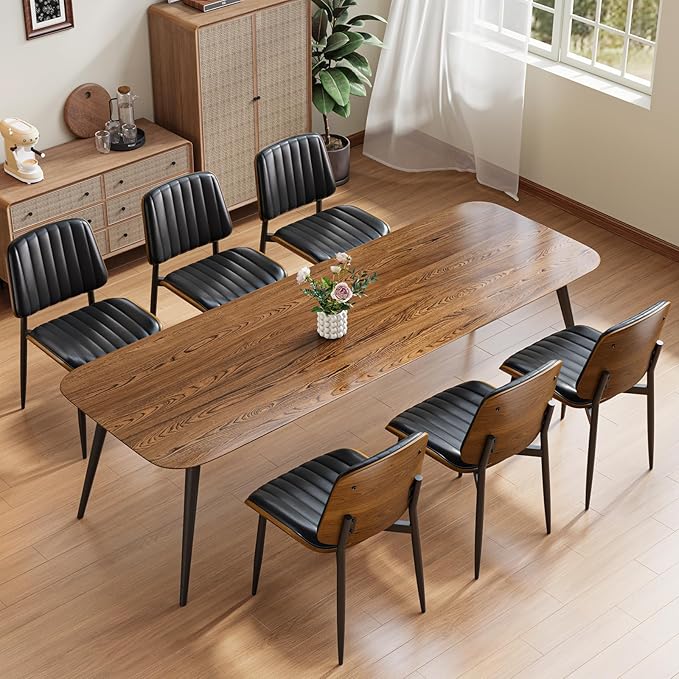 YaFiti Dining Chairs Set of 2, FSC Certified Mid Century Modern Dining Room Kitchen Chairs, Upholstered PU Leather Vertical Stripe Chairs for Vanity with Walnut Bentwood and Metal Legs, Black
