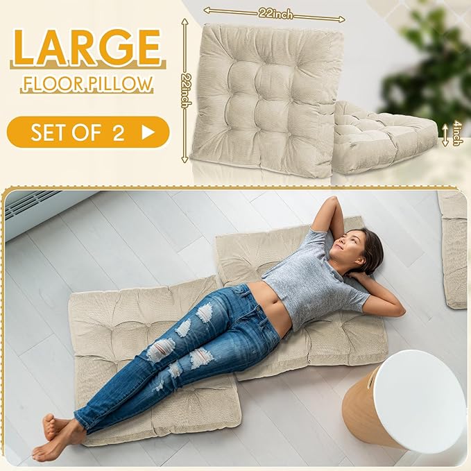 Jerify 2 Pcs Floor Pillow Cushions 22 x 22 Inch Round Square Large Meditation Floor Pillow for Classroom Adult Meditation Picnic Party Seating Learning Daycare School (Square,Beige)