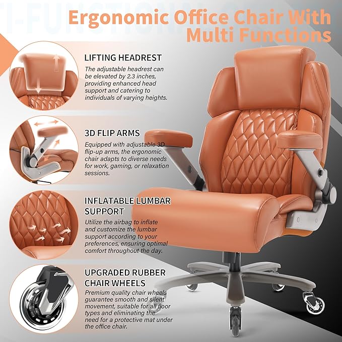 Big and Tall Office Chair 700lbs - Adjustable Headrest&Lumbar Support, 3D Flip Arms, Large Wheels &Heavy Duty Metal Base, Ergonomic High Back Computer Chair Desk Chair, Thick Padded Extra Wide Seat