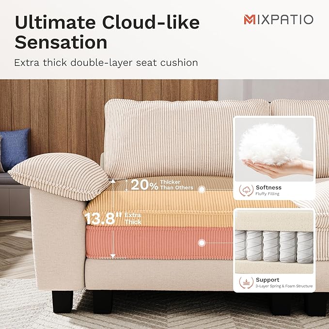 MIXPATIO 123-Inch L Shaped Sectional Sofa with Cloud Cushions, Deep Seat Modular Couch Set w/ 4 Seats & 1 Ottomans, Plush Chenille & Corduroy Upholstery for Living Room, Apartment - Beige