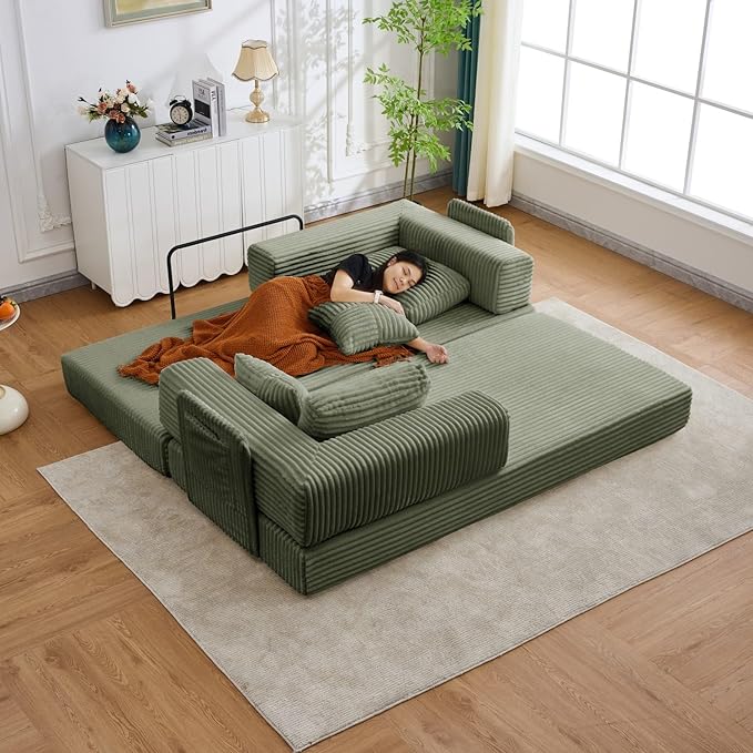 Folding Sofa Bed, Corduroy Loveseat Sleeper with Fixed-Shape Frame, No Assembly Needed Futon Couch, Convertible Floor Sofa Lounge Couch for Living Room, Bedroom, Lounge Studio, Green