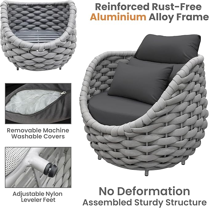 Erotr Aluminum Outdoor Patio Furniture Set: 6 Pieces Porch Rope Conversation Sofa Set - Modern Woven Deck Couch Set Cushioned - No Assembly All Weather Seating for 660lbs Yard Garden Lanai Hotel Pool