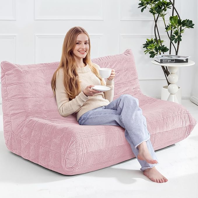 Bean Bag Loveseat Chair Big Sofa Beanbag Chair for Adults Fireside Chair Bean Bag Lounger with Memory Foam Filled for Home,Apartment or Gaming Venue（Pink Plush）