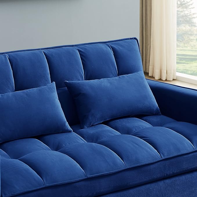 54 inch Velvet 3 in 1 Convertible Sleeper Sofa Bed, Futon Couches for Living Room with Side Pocket | Adjustable Backrest| Velvet Fabric | Pull Out Couch | Love seat Sofa|2-seat Sofa Bed (Blue)