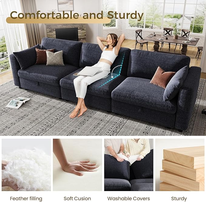 KKL Modular Sectional Sofa Couches for Living Room, 113" Sofa Couch with Adjustable Backrest, 3 Seater Sofa Couch with Comfy Cushion, Chenille, Blue