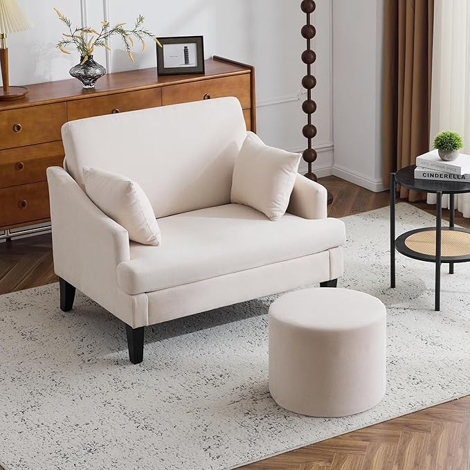 Bezseller Oversized Accent Chair with Ottoman - 33.5'' Wide Seat Comfy Armchair with 2 Pillows, Upholstered Big Reading Chair, Modern Single Sofa Chair for Living Room Bedroom Office, Beige/White