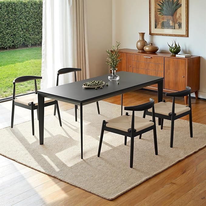 Farini Mid Century Modern Dining Chairs Set of 2, Solid Wood Frame Kitchen Chairs with Woven Upholstered Seat for Dining Room & Breakfast Nook,Black-Beige