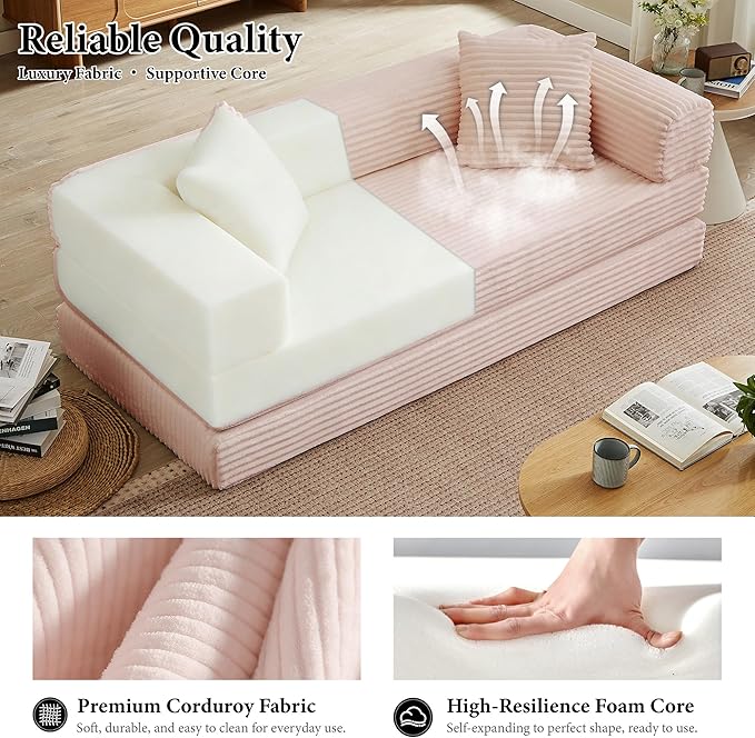 Chorlenimi Boneless Couch Futon Sofa Bed Sectional Couches for Living Room,Cloud Couch with Sleeper Sofa,Sofas for Living Room Oversized Corduroy Upholstered (Pink, 76 Inches (No Iron Frame))