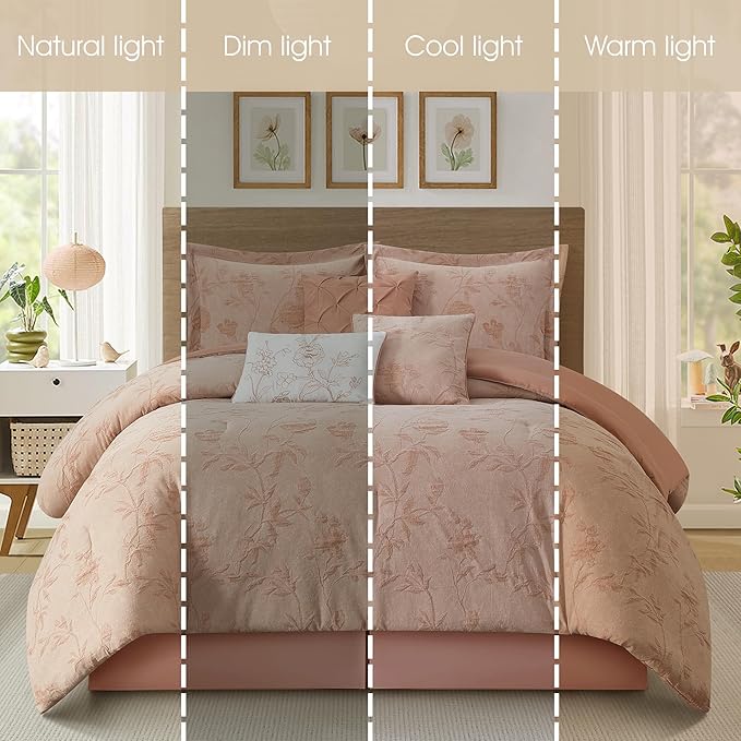 Grand Avenue Floral Comforter Set Queen Size, Blush 7 Pieces Jacquard Bedding Set, Cotton &Polyester Bedding, All Season, Bedskirt, Pillows Shams