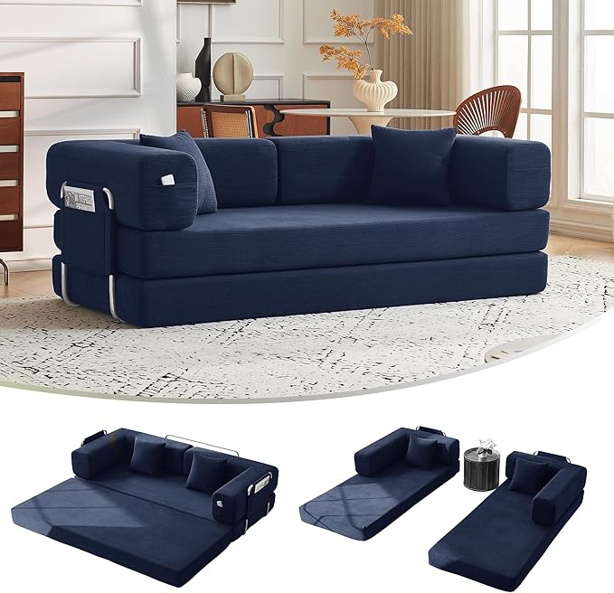 79" Convertible Sofa Bed with Pillows, Corduroy Folding Sleeper Sofa with Fixed-Shape Frame, Boneless Couch for Living Room Bedroom, Floor Sofa Lounge No Assembly Required (A - Style - Blue)