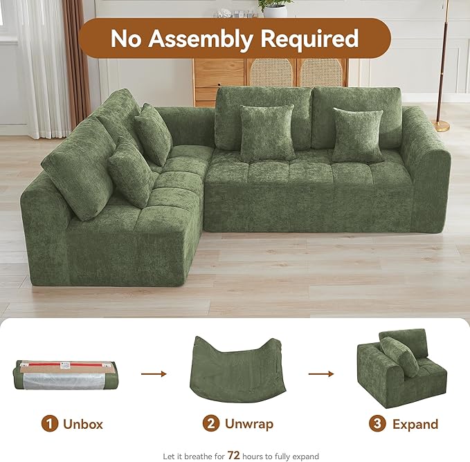110''Modular Sectional Couches for Living Room, Cloud Boneless Compressed Sofa Left Facing Chaise, Oversized L Shaped 4 Seater Memory Foam Sofa, No Assembly, Chenille Green