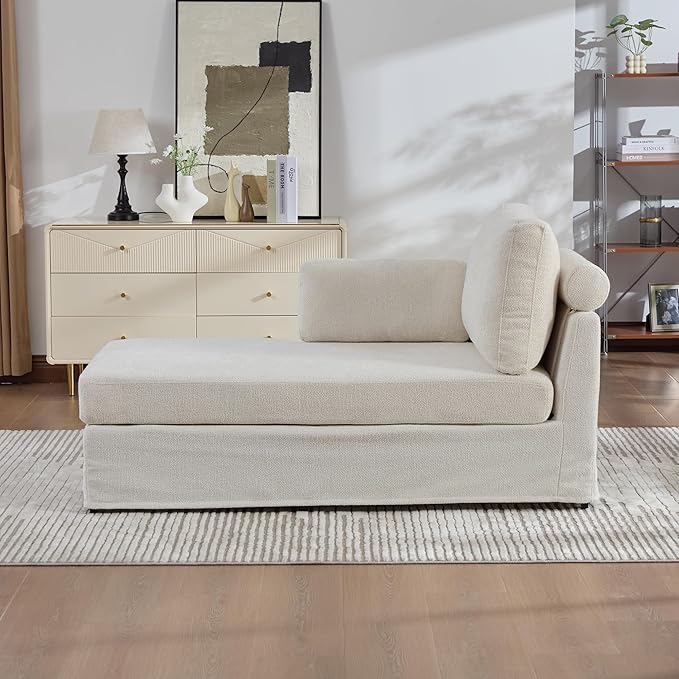 KEIKI 60" Chaise Lounge Chair Indoor, Modern Deep Seat Sofa Bed, Corduroy Couch with Cushions, Single Sleeper Chair for Living Room, Bedroom, Apartments, Lvory (Left Side)