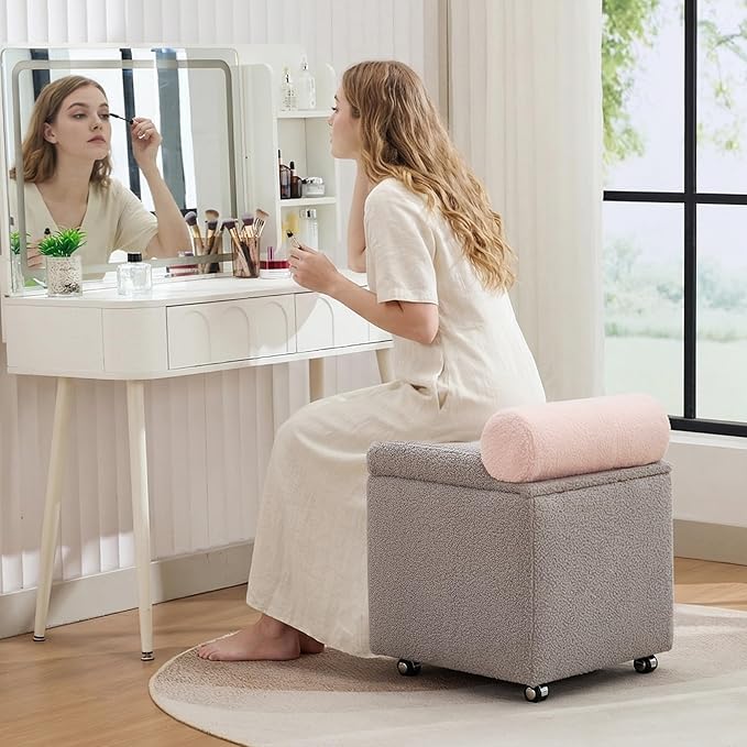Boucle Vanity Chair with Storage, Swivel Vanity Stool with Safety Hinge, Upholstered Makeup Chair with Wheels, Square Ottoman Stool for Living Room, Dressing, Bedroom, Grey