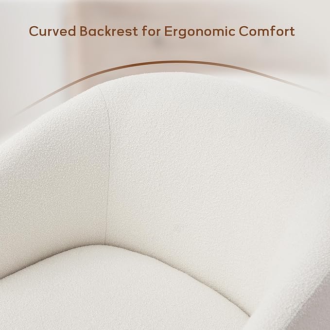 Boucle Swivel Accent Chair, No Assembly Upholstered Armchair with Rubberwood Base, 360° Rotating Barrel Chair for Living Room, Bedroom, Apartment & Reading Nook (1, Beige)