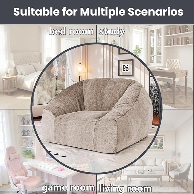 Bean Bag Chairs for Adults, Giant Beanbag Sofa Comfy Reading Chair, Oversized Bean Bag Chairs for Living Room Bedroom, Soft Faux Fur Fabric, 3.2FT, Khaki, Plush
