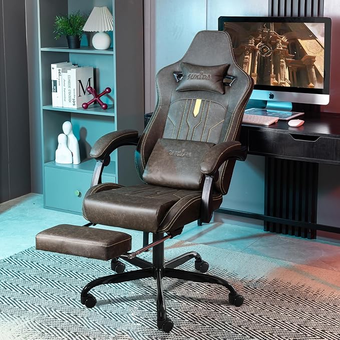 Gaming Chair with Footrest Ergonomic Computer Chair Massage Lumbar Cushion, Racing Video Game Chair Adjustable Rocker Recliner Executive Office Desk Chair Pu Leather for Adults