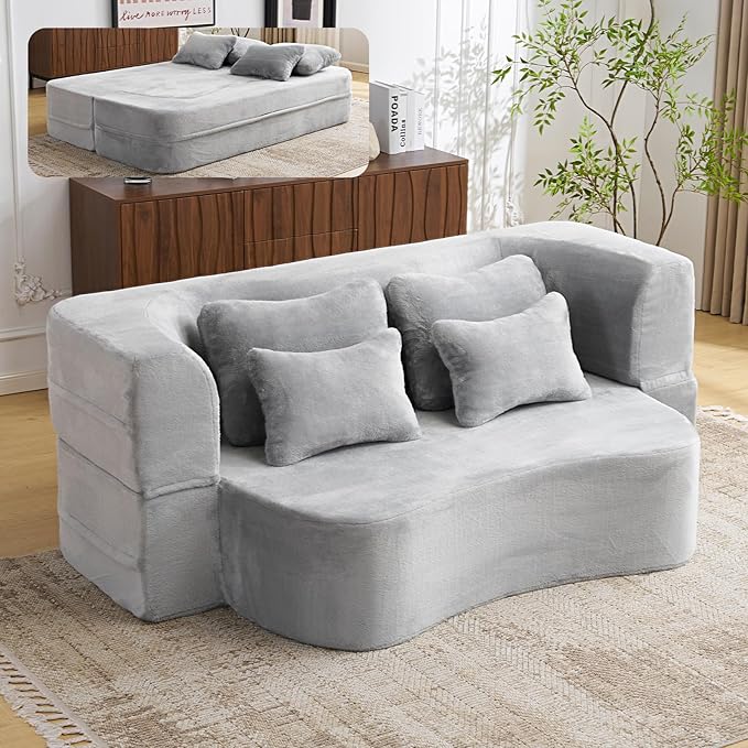 Orynveela Convertible Folding Sofa Bed, 78” Full Size Floor Sleeper Couch, Chenille Full Foam Curved Back Futon Loveseat for Living Room Bedroom, No Assembly (Beige White)