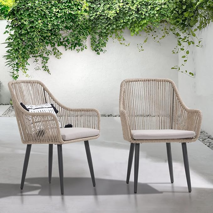 Patiorama Outdoor Dining Chairs, Patio Dining Chair Set of 2, All-Weather Woven Rope Rattan Chairs, Outdoor Dining Wicker Chairs with Armrests for Indoor Balcony Pool Backyard(Tan)