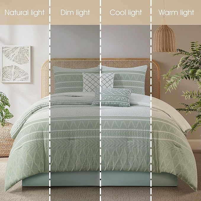 Grand Avenue Cotton California King Size Comforter Set, 6 Piece, Sage Geometric Jacquard Bedding Set, Bedskirt, Pillows & Shams, Home Decor