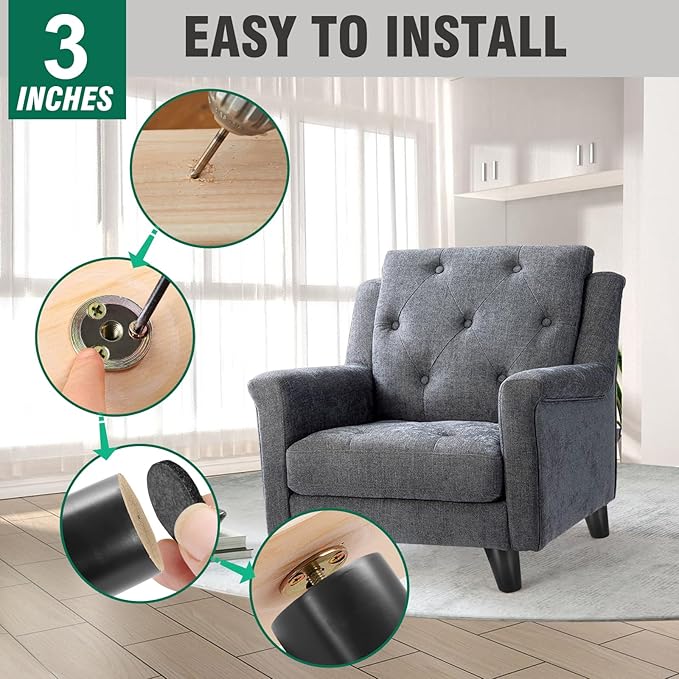 FoDau770 Black Rubber Wood Furniture Legs 3 Inches, Slant Tapered Wood Feet Mid Century Sofa Legs Set of 4, 5/16" UNC Furniture Feet Replacement Parts for Cabinet Couch Dresser Chair Ottoman Table
