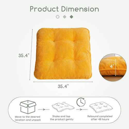 35" Washable Floor Pillow Cushion for Adults, Meditation Cushion Pillow, Extra Large Square Floor Sitting, Removable Tufted Corduroy Cover, for Tatami Living Room or Yoga, Orange, Machine Washable