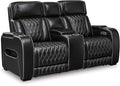 Signature Design by Ashley Boyington Modern Leather Match Power Reclining Loveseat with Console, Adjustable Headrest, Massage, Heated Seat and LED Lights, Black