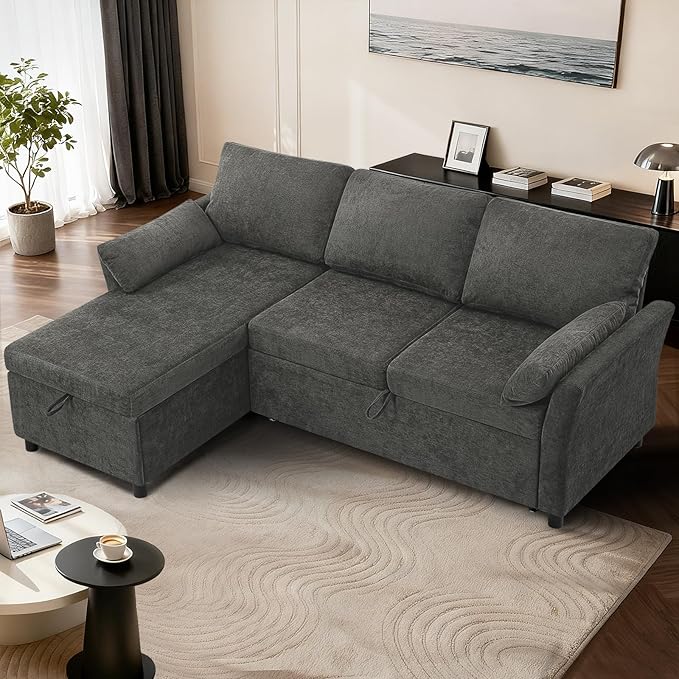 ACMEASE 83 Inches Fabric Sectional Sofa with Pull Out Sofa Bed, Modern L Shaped Sofa with Throw Pillows, Comfortable Sleeper Couch with Storage Chaise for Living Room, Grey