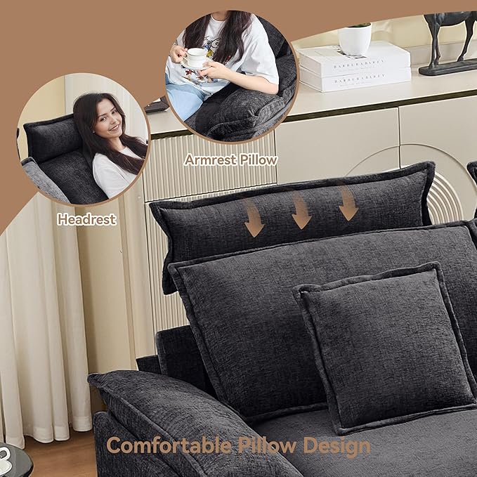 72'' Cloud Modern Loveseat Couch with Detachable Headrest, Modular Sectional Sofa Couch Deep Love Seat, Oversized 2 Seater Chenille Comfy Sofa with Armrests for Living Room, Dark Grey
