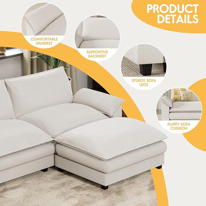 Homall 159" Modular Sectional Sofa, U Shaped Sofa Couch with Reversible Ottoman, DIY Combination Chenille Deep 4-Seat Cloud Couch for Living Room, Apartment (White, U Shaped Sofa)