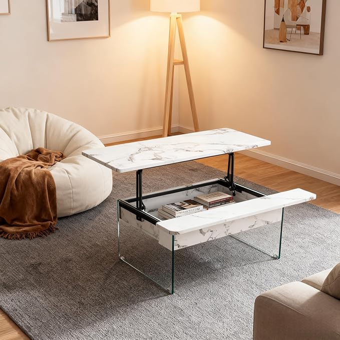HanStrong 43.3" Lift-Top Coffee Table with Storage,Marble & Tempered Glass Space-Saving for Living Room,Office,White