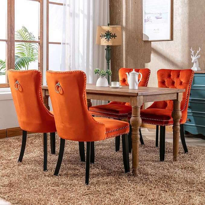 YeahFurn Orange Mid Century Modern Dining Chairs Set of 6, Velvet Upholstered Kitchen & Dining Room Chairs with Nailhead Trim & Solid Wood Legs, Elegant Sillas De Comedor (Orange, 6 Pcs)