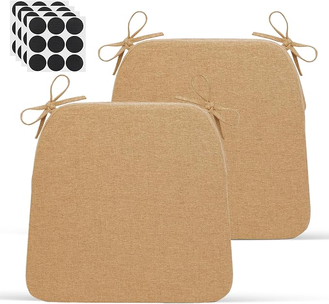 D-Shaped Indoor Chair Cushions 17" x 16" for Kitchen & Dining Chairs – 2'' Thick Seat Pads with Ties & Non-Slip Backing, High-Density Foam, Machine-Washable Covers, Set of 2 with Chair Leg Pads, Khaki