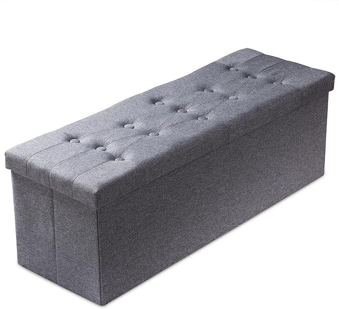PRANDOM Jumbo Ottoman with Storage [1-Pack] Linen Folding Small Square Foot Stool with Lid for Living Room Bedroom Coffee Table Dorm Grey 43x15x15 inches