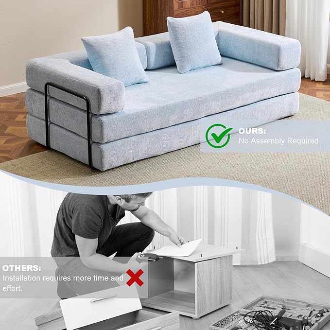 77" Convertible Foldable Floor Couch, 3-Seat Futon Sleeper Sofa for Living Room, Bedroom, or Apartment, with Pillow Backrest and Armrests, Chenille Fabric, No Assembly Required, Light Blue