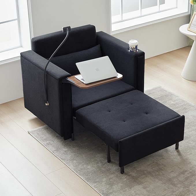 ORRD Pull Out Sofa Chair Bed, 2-in-1 Multi-Functional Sleeper Couch Small Loveseat Bed with Hidden Side Table, Phone Holder and Cup Holder for Living Room, Small Space, Apartment (Black)