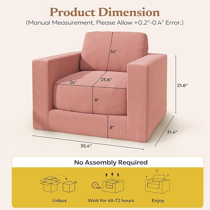 Bean Bag Chair, Large Beanbag Chair for Adults, Comfy Foam Floor Sofa with Pillows and Armrests, Plush Chair Bean Bag Couch for Bedroom Living Room, (Teddy Boucle Fabric, Pink)