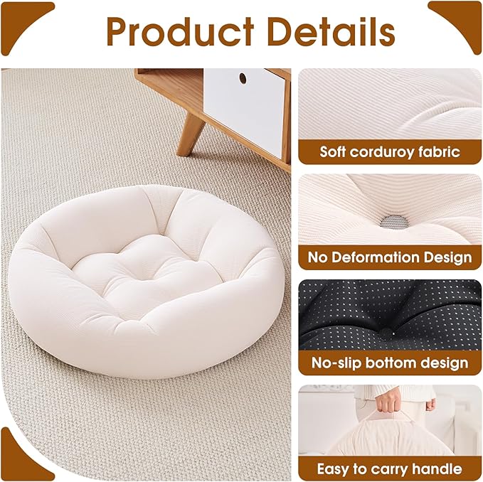 2Pcs Floor Pillows for Adults, 22x22 Inch Meditation Cushions, Large Round Sitting Cushion Living Room Memory Foam Pillow for Sitting (2, Beige, 22x22x4 Inch)
