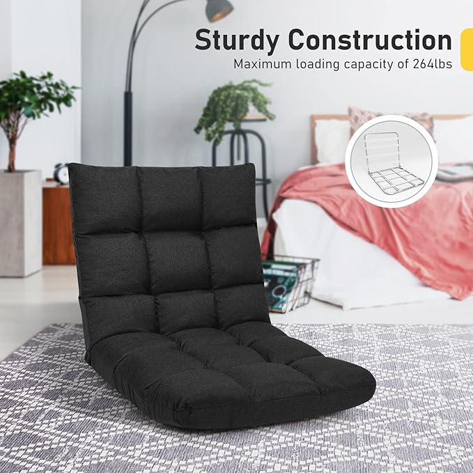 COSTWAY Floor Chair, Folding Gaming Chair with Back Support, 14 Adjustable Positions, Alloy Steel Frame, Lazy Sofa Lounge for Playing Reading Meditating Room Recliner for Adults, Kids (Black)