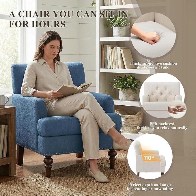 Upholstered Accent Chair with Thick Cushion, High Back Reading Chair, Linen Blend Armchair with Solid Rubberwood Legs for Living Room, Bedroom, Reading, Apartment & Small Spaces,Blue,Set of 2