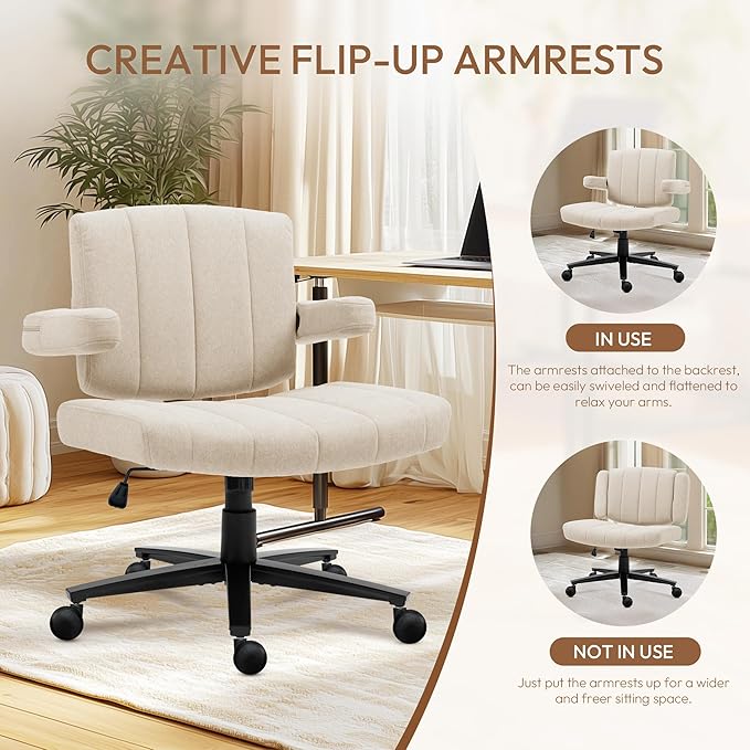 Vigosit White Criss Cross Office Chair with Wheels, Ergonomic Wide Seat Vanity & Dressing Table Chair, Adjustable Arms Swivel Rolling Desk Chair for Women, Comfortable Cross-Legged Support