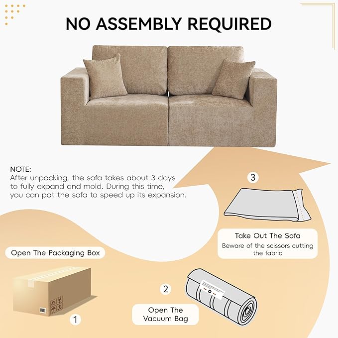 83'' Boneless Loveseat Sofa, Comfy Deep Seat Sectional Cloud Couch, No Assembly Chenille Love Seat for Living Room, Camel