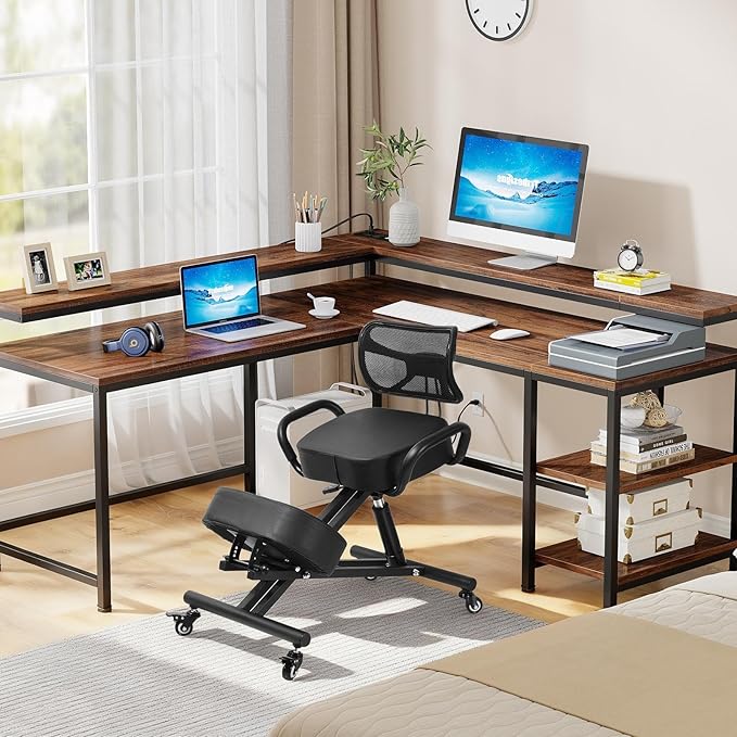 Ergonomic Kneeling Chair Height-Adjustable 32.2-36.2 in Postures Chairs with Lockable Wheels and Armrests Knee Chairs can Hold Up to 220 Lbs Kneeling Ergonomic Chair for Desk Home Meditation,Black