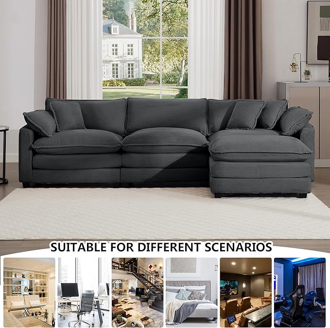 Aoowow Corduroy 3 Seater Cloud Couch with Ottoman,Modern Cloud Couches for Living Room,Modular Sectional Cloud Sofas with Deep Seat,Oversized Tufted L-Shaped Sofa Set. (Grey, 3 Seater + 1 Ottoman)