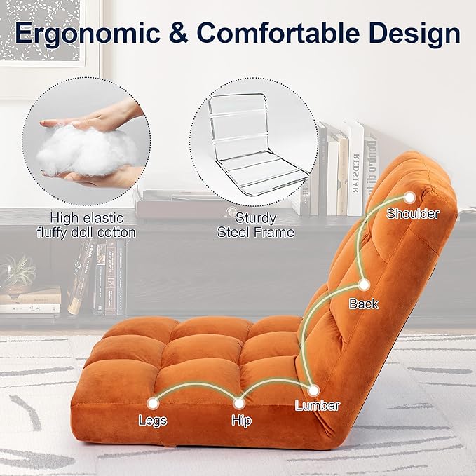 HOMYEDAMIC Floor Chair, 24 inches Wide Oversized Velvet Armless Lay Flat Floor seat Padded Meditation Chair with 6 Adjustable Position Ergonomic Comfortable Convenient(LRSF-007-ORANGE)